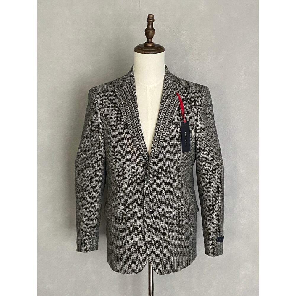 Tommy Hilfiger Men's 38 Regular Sport Coat Conrad Wool Black/White Chevron NEW